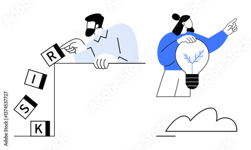 Man tipping risk blocks over edge, woman holding idea bulb with tree branch. Ideal for problem-solving, innovation, challenges, leadership, strategy, growth sustainability. Flat simple metaphor