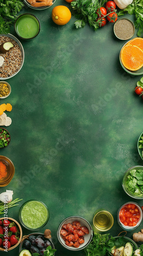 Wallpaper Mural Overhead flat lay of a green table with healthy foods arranged around the edges, leaving an open space in the center for customizable text, creating a fresh and balanced composition Generative AI Torontodigital.ca