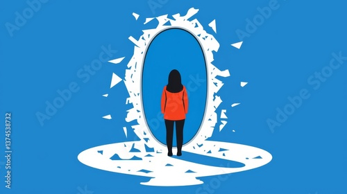 A woman stands before a shattered mirror, representing self-reflection and the journey of personal growth.