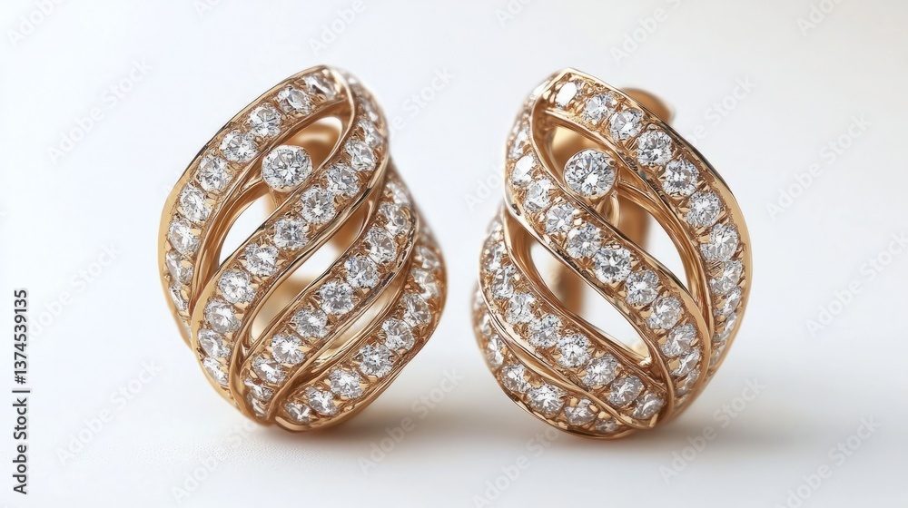 Chic yellow gold earrings featuring brilliant diamonds, highlighted against a pristine white backdrop Chic yellow gold earrings featuring brilliant diamonds, highlighted against a pristine white backdrop