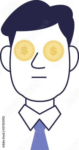 Seeing Profit: An Entrepreneur’s Gaze. A businessman wearing glasses with golden coins instead of lenses symbolizes a focus on finance, investments, and income.