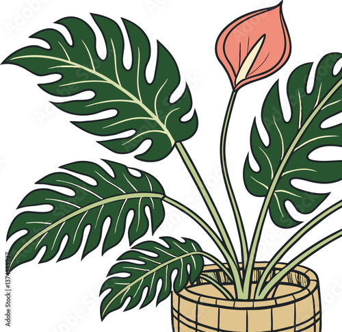 Title: Tropical Plumeria Flowers and Palm Leaves Vector Illustration Exotic Botanical Floral Design for Summer, Wedding, Beach Decor