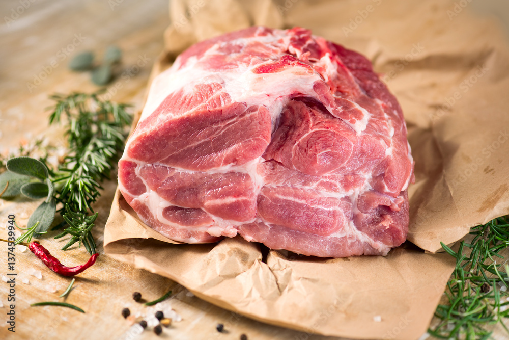 Raw Pork meat fillet. Fresh Pork meat, piece of meat close up. Prime filet meat texture. Chilled pork Boston butt, collar, shoulder. Steak. Raw pork neck, Spices. On wooden table background Raw Pork meat fillet. Fresh Pork meat, piece of meat close up. Prime filet meat texture. Chilled pork Boston butt, collar, shoulder. Steak. Raw pork neck, Spices. On wooden table background