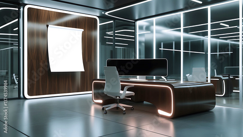 Modern executive office bathed in soft ambient lighting, featuring a large blank poster mockup. Chair and an artistic floor lamp casting subtle shadows.