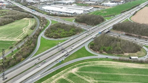 Aerial view of a large cloverleaf interchange - German highway A5 nearby Frankfurt