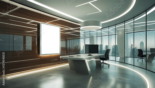 Modern executive office bathed in soft ambient lighting, featuring a large blank poster mockup. Chair and an artistic floor lamp casting subtle shadows.