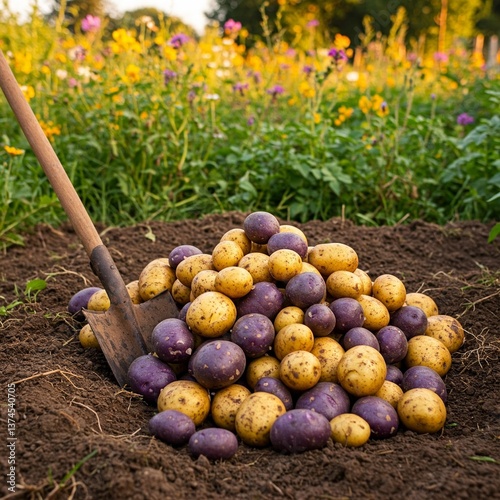 organic multi-colored potato harvest in the garden in summer