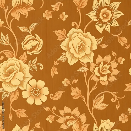 Golden Floral Elegance: A luxurious display of intricately detailed golden flowers, blossoms, and leaves adorn a rich, warm background. a true masterpiece of design
