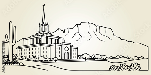 Mesa skyline, incorporating the Superstition Mountains and historic Mesa Arizona Temple in a sleek, one-line drawing style.