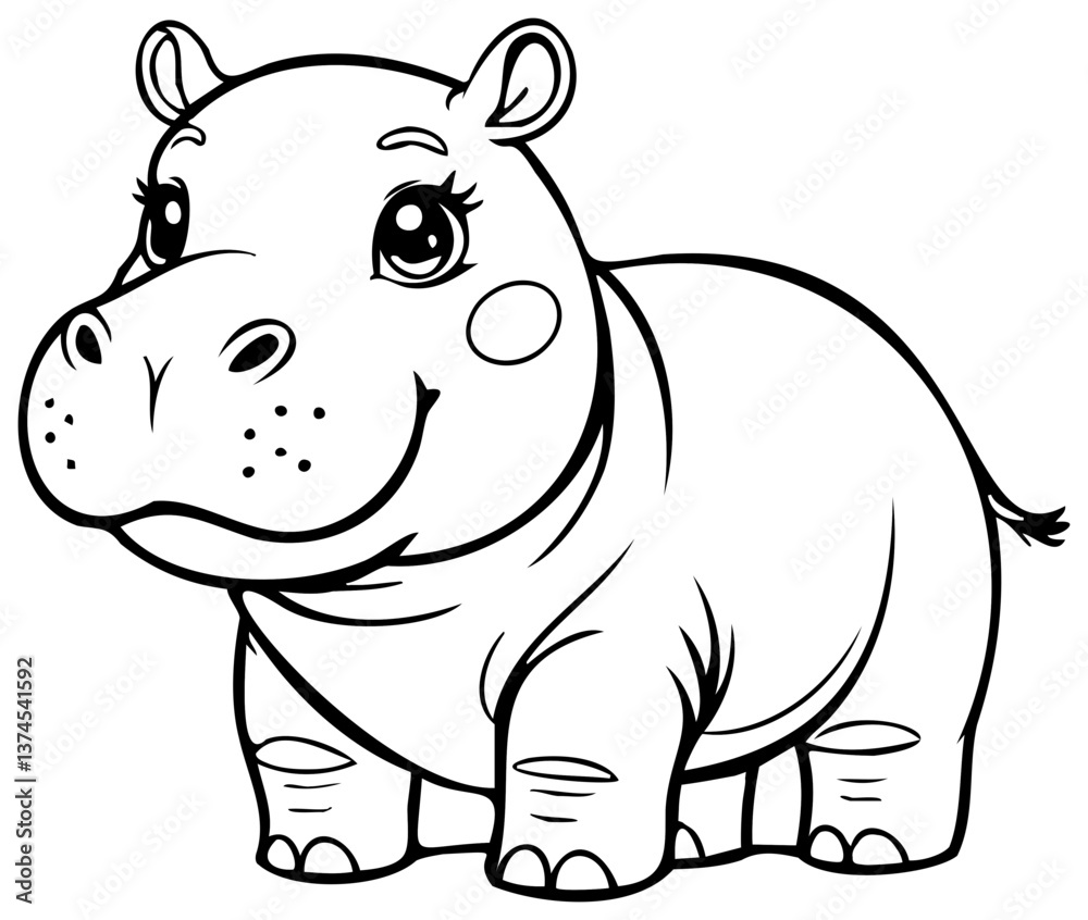 Fototapeta premium Black and white illustration hippopotamus template, depicts a cute baby tiger with expressive eyes, chibi style. Coloring element.