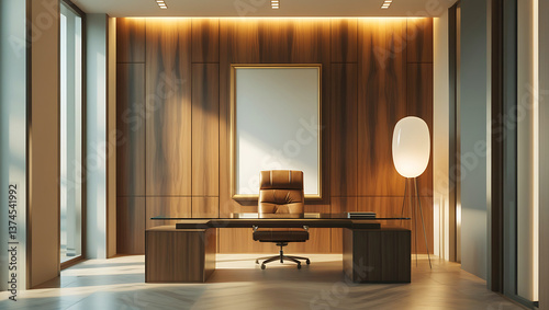 Modern executive office bathed in soft ambient lighting, featuring a large blank poster mockup. Chair and an artistic floor lamp casting subtle shadows.
