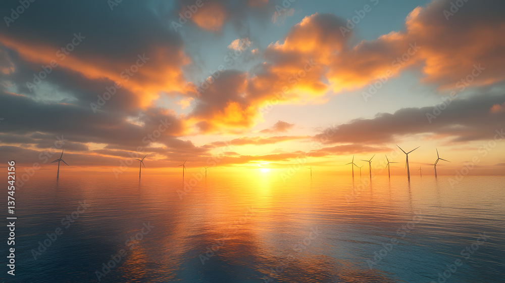 Naklejka premium An ethereal offshore wind farm at sunrise, where the mist glows in hues of pink and orange.