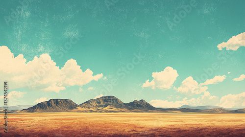 Minimalist Vintage Western Landscape Illustration: Simple Countryside Scene, Retro Western Art, Clean Desert Landscape, Vintage Western Graphic, Engaging Rural Illustration.
