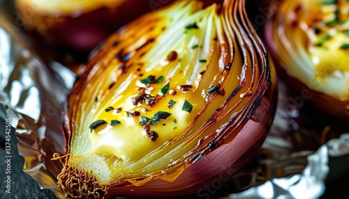 Baked red onion with melted butter and spices in foil, closeup of savory roasted vegetable dish