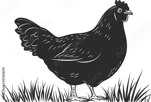 Black silhouette of a chicken walking on grass in vector style illustration. Vector illustration