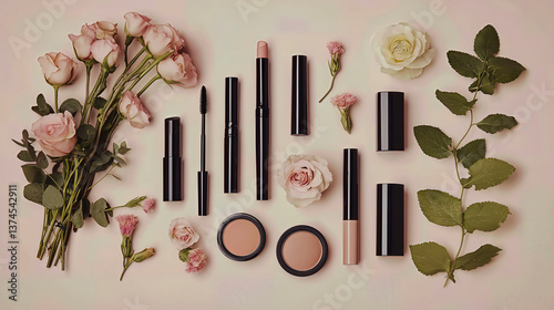 Arrangement of cosmetics and fresh flowers in a soft, natural setting showcasing beauty products and floral elements