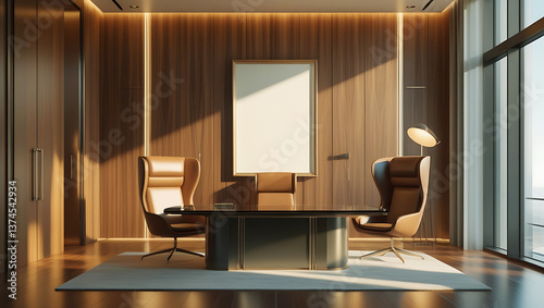 Modern executive office bathed in soft ambient lighting, featuring a large blank poster mockup. Chair and an artistic floor lamp casting subtle shadows.