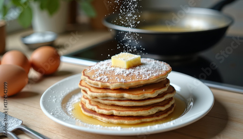 Delicious stack of fluffy pancakes with syrup and butter prepared in a cozy kitchen setting during breakfast time