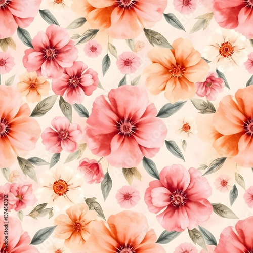 Floral Watercolor Pattern: A captivating watercolor pattern showcasing an array of vibrant flowers in shades of pink and peach, creating a seamless and elegant design for various creative projects.