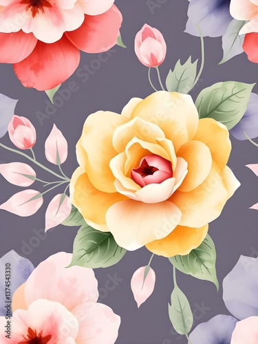 Botanical Elegance: A watercolor style floral pattern featuring a captivating arrangement of blooming flowers in a seamless design, evoking a sense of delicate beauty and natural grace.