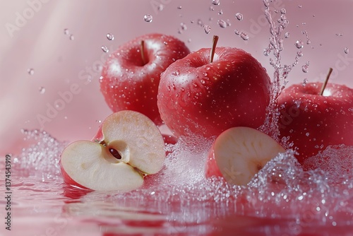 Fresh Red Apples Splashing Into Water Against a Pink Background