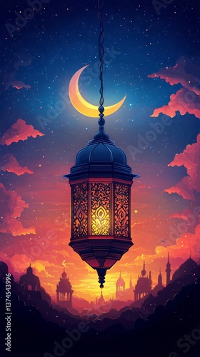 Beautiful Mosque Under a Crescent Moon With Lanterns Illuminating the Evening...