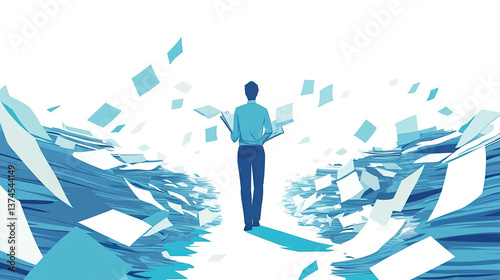Document Search Illustration: Blue-Themed File Investigation, Paperwork Discovery Graphic, Business Data Research Concept, Information Retrieval Artwork, Archive Exploration Design.
