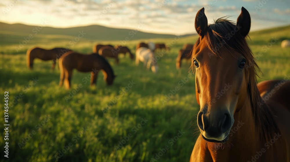 Obraz premium Horses Grazing in a Lush Green Field During a Bright Afternoon