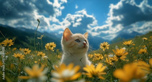 Cute White Kitten Exploring a Colorful Flower Field Under a Bright Blue Sky