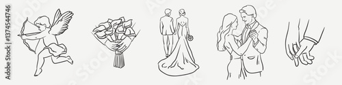Elegant Luxury Wedding Illustration. Hand drawn Romantic Vintage Italian or French drawing of cupid, bride, groom, bridal bouquet, first dance for ceremony invitations, save the date designs.