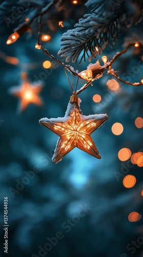 Beautifully Lit Star Ornament Hanging on a Snowy Tree Branch in a Winter Wond...