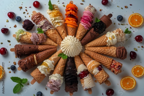 Colorful Assortment of Ice Cream Cones Arranged on a White Background With Fr...