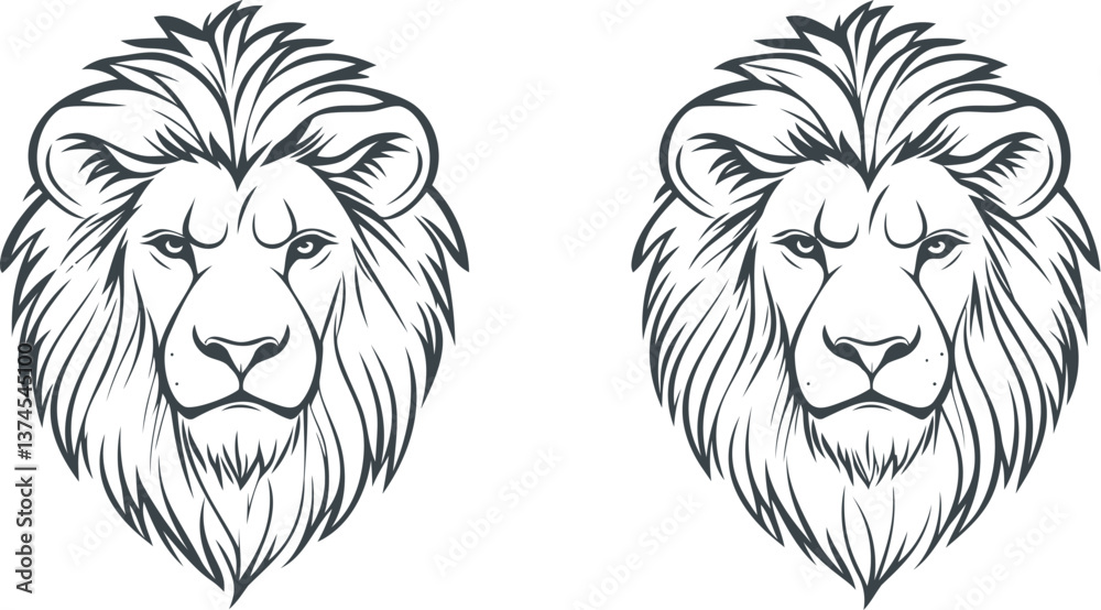 Fototapeta premium Lion heads illustration with detailed manes in