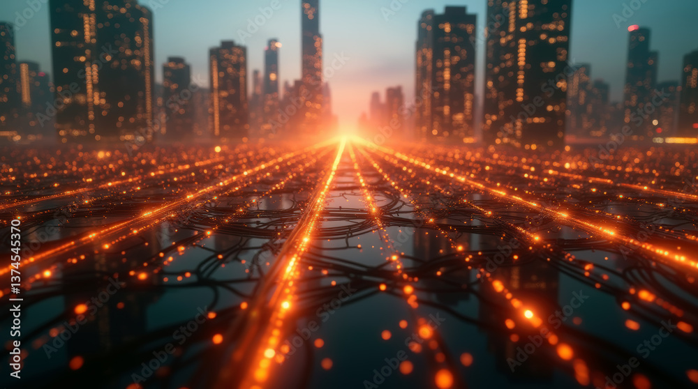 Naklejka premium Dynamic digital visualization of Earth at night, showcasing bright city lights connected by glowing network lines. Global connectivity and communication concept