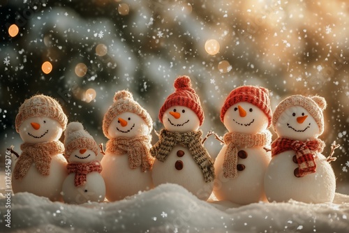 Happy Snowmen Family in Winter Wonderland During Snowfall With Festive Hats a...