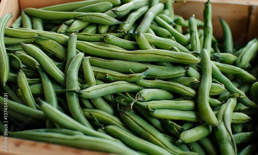 Fresh green beans in a wooden crate, vibrant and ready. Harvest bounty Fresh green beans in a wooden crate, vibrant and ready. Harvest bounty