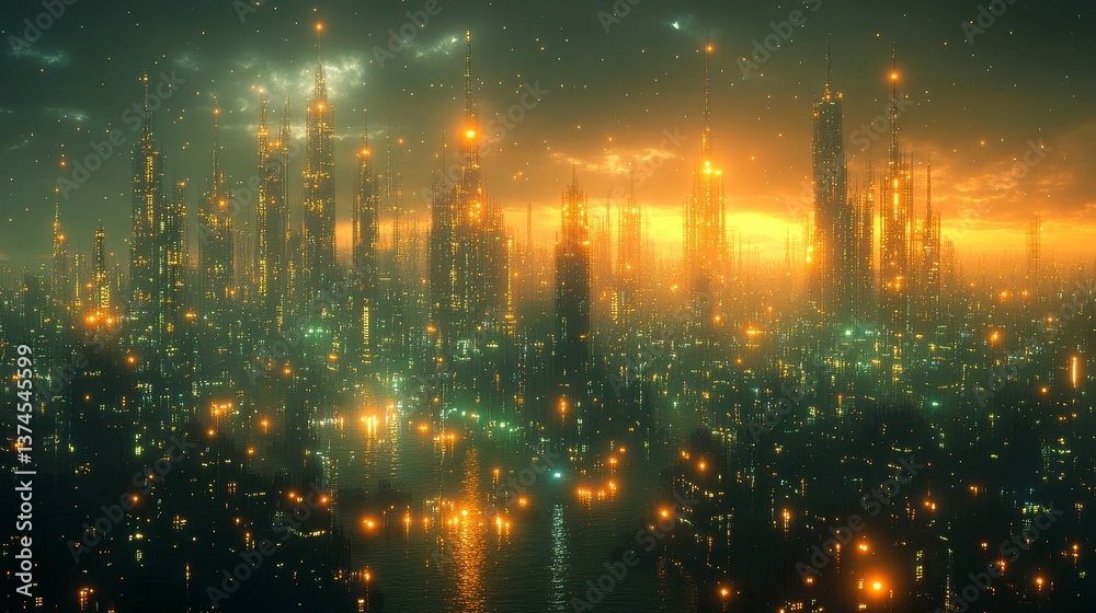 Skyline Dystopian city with tall buildings and lights reflecting off water under a cloudy sky at sunset Skyline Dystopian city with tall buildings and lights reflecting off water under a cloudy sky at sunset