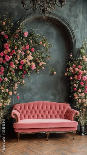 Cozy Pink Couch Surrounded by Lush Greenery and Blooming Roses in a Tranquil ...