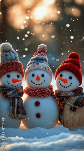 Snowmen in Winter Hats Enjoying a Snowy Afternoon With Falling Flakes in a Se...