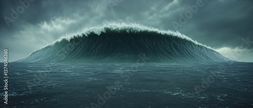Giant wave. Cresting, powerful. Stormy weather. Dark teal water. Overcast sky with low-hanging clouds