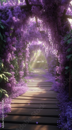 Pathway Lined With Purple Flowers Illuminated by Soft Sunlight in a Tranquil ...