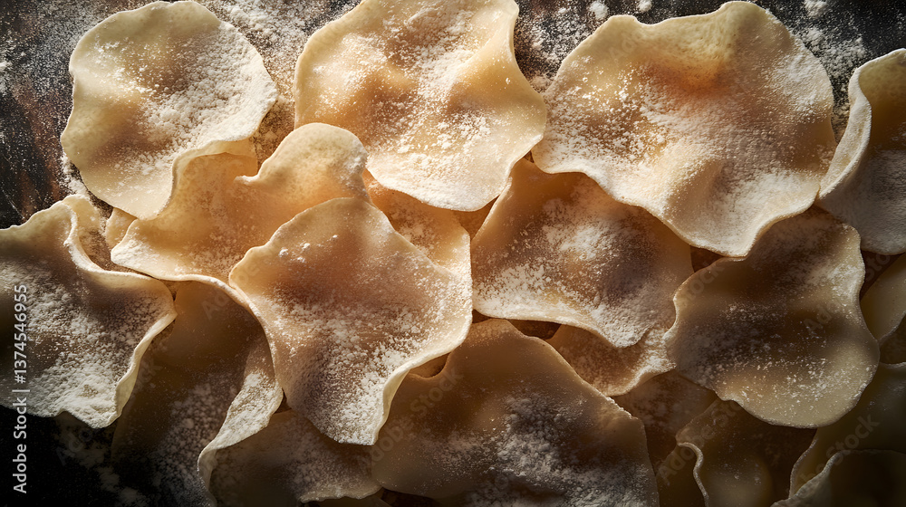 Ravioli shown in an overlapping arrangement, with soft lighting accentuating their flour-dusted texture, on a dark background. Ravioli shown in an overlapping arrangement, with soft lighting accentuating their flour-dusted texture, on a dark background.