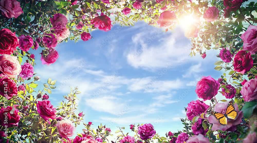 Bright sunny sky framed with vibrant pink roses, green leaves, and a butterfly in a blooming garden. Seamless looping video animation background