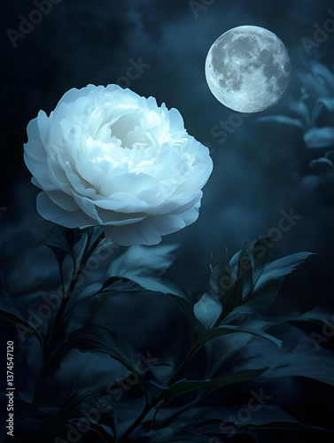 White rose glowing under full moon in dark night garden