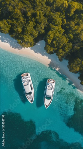Relaxing Boats Anchored in the Tranquil Blue Waters of a Secluded Tropical Bay