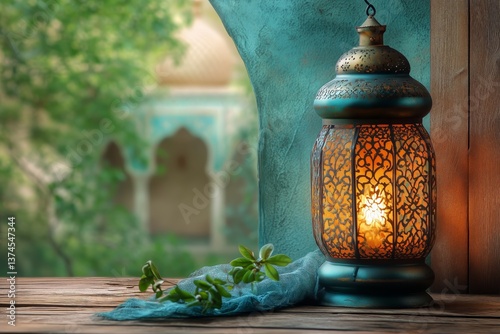 Bright Lantern Glows in an Ornate Courtyard During Evening Hours