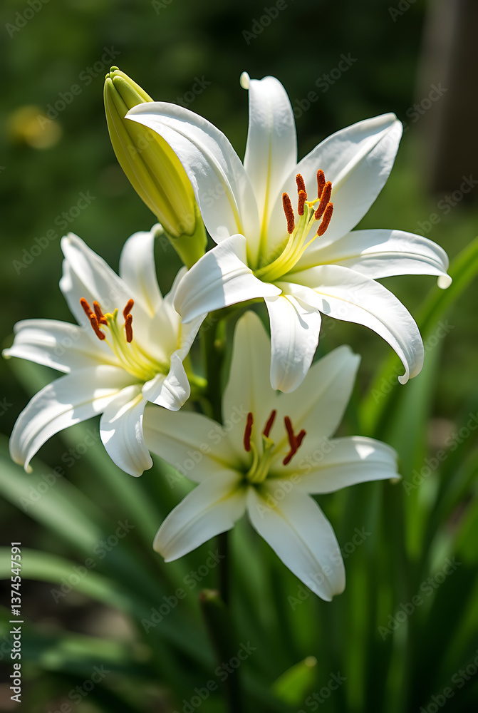 White Easter Lilies in Full Bloom Under the Sun in a Lush Garden, Symbolizing Purity and Renewal. White Easter Lilies in Full Bloom Under the Sun in a Lush Garden, Symbolizing Purity and Renewal.