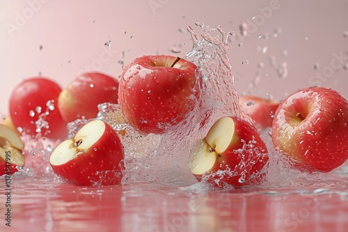 Fresh Red Apples Splashing Into Water Against a Pink Background