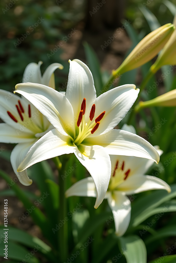 Obraz premium White Easter Lilies in Full Bloom Under the Sun in a Lush Garden, Symbolizing Purity and Renewal.