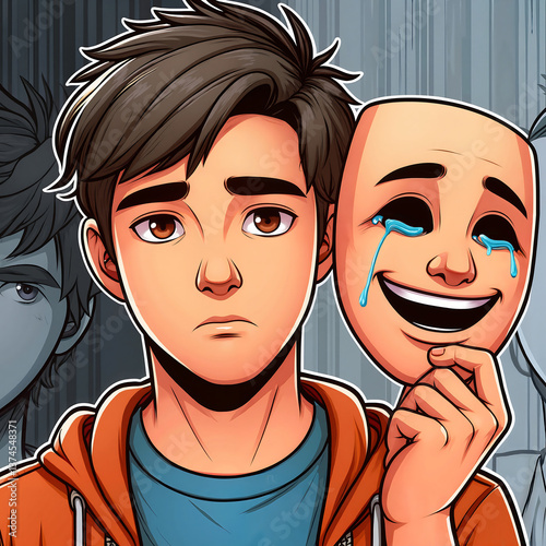 Teen boy wearing a smiling mask, hiding sadness and inner struggle